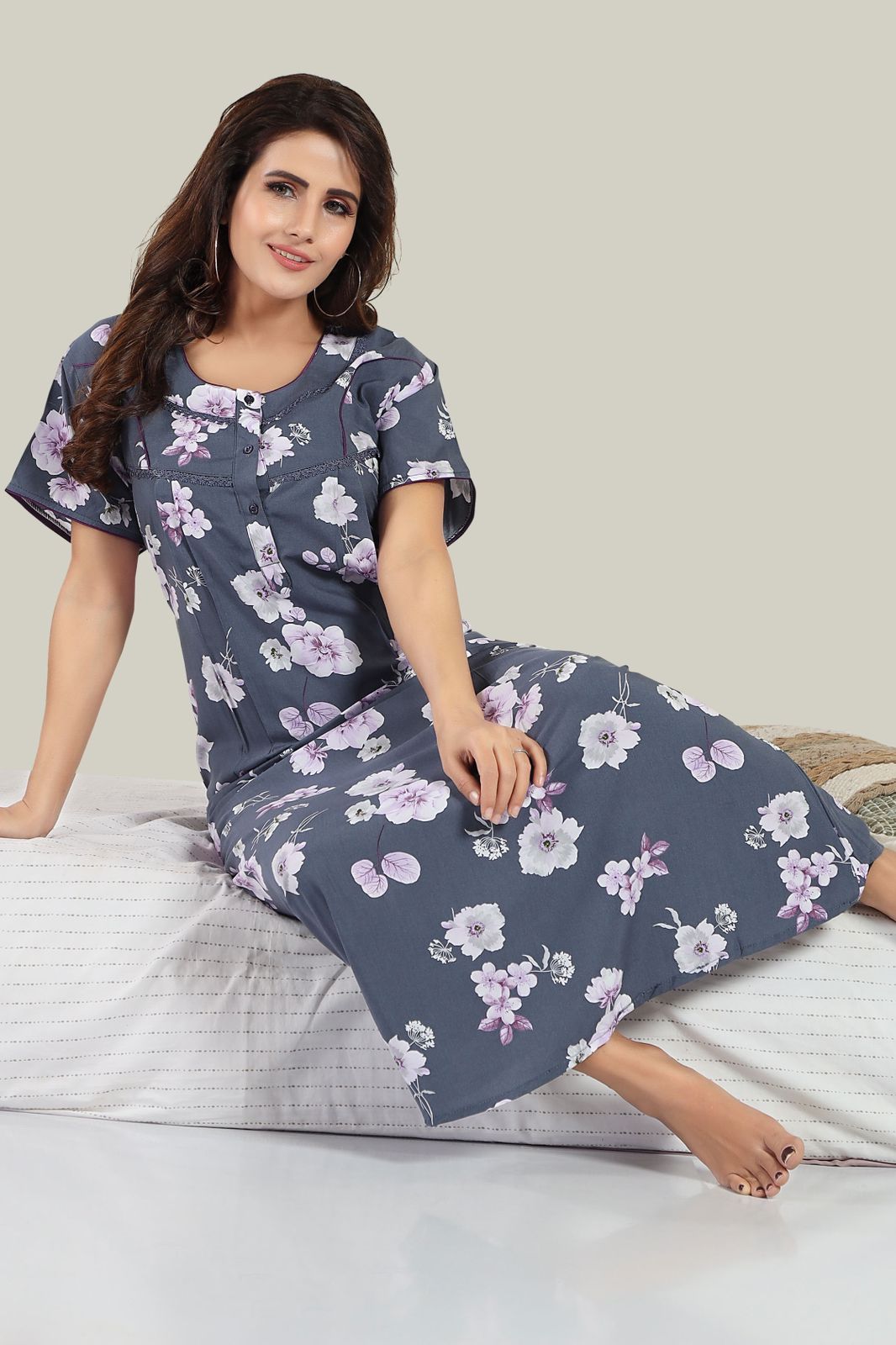Jammies Haven Rayon Nighty in Light Blue | Premium Nighty | Short Sleeve |Side Pocket | RY