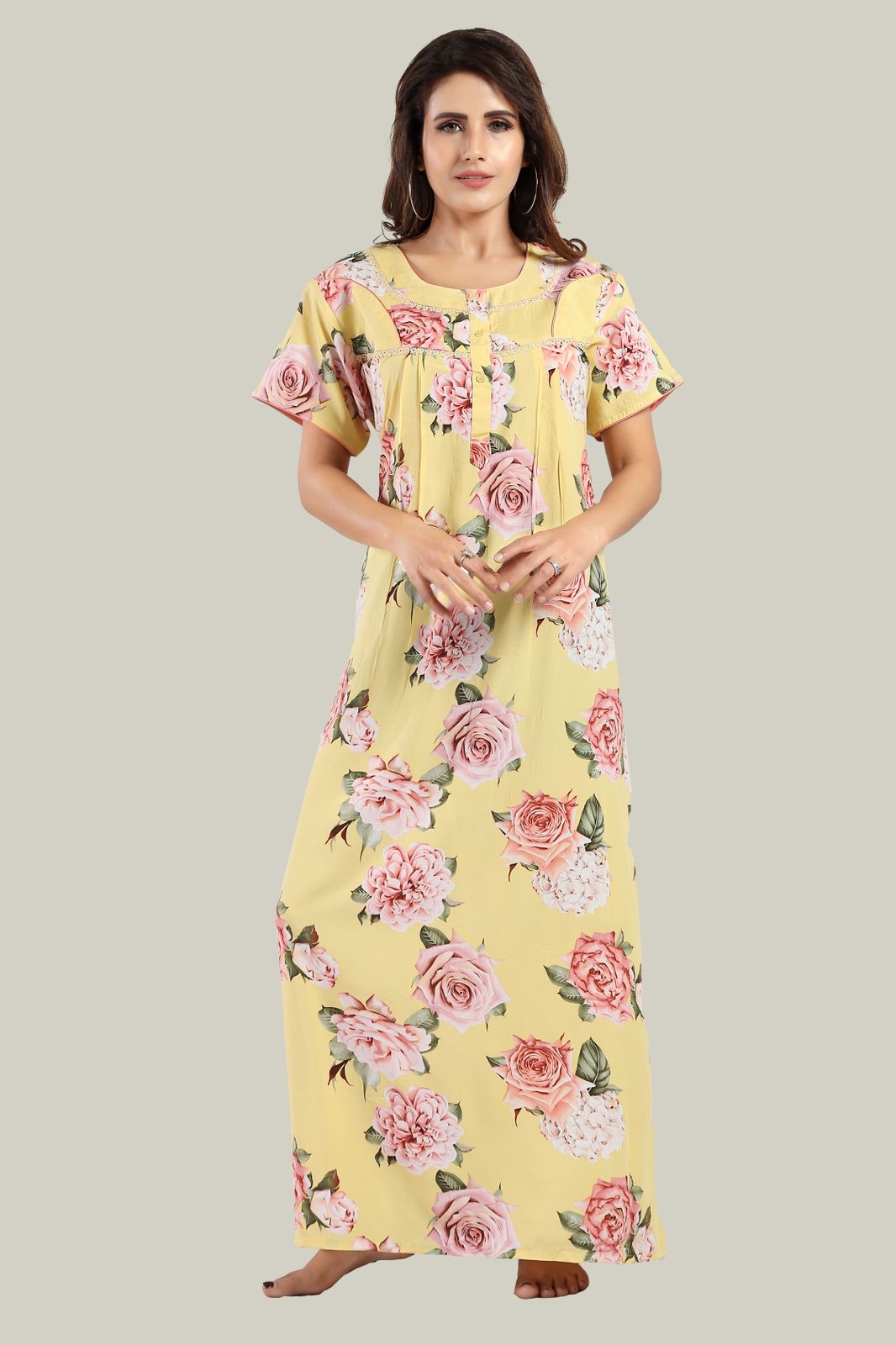 Jammies Haven Rayon Nighty in Yellow | Premium Nighty | Short Sleeve |Side Pocket | NRL