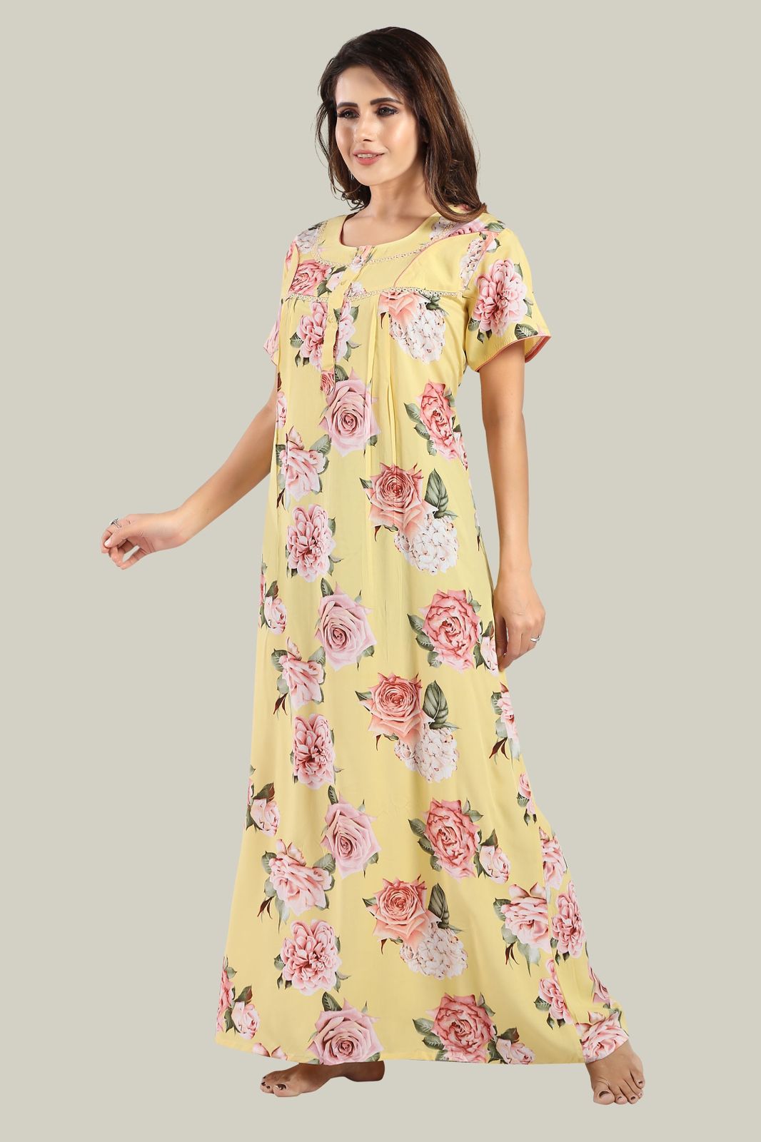 Jammies Haven Rayon Nighty in Yellow | Premium Nighty | Short Sleeve |Side Pocket | NRL