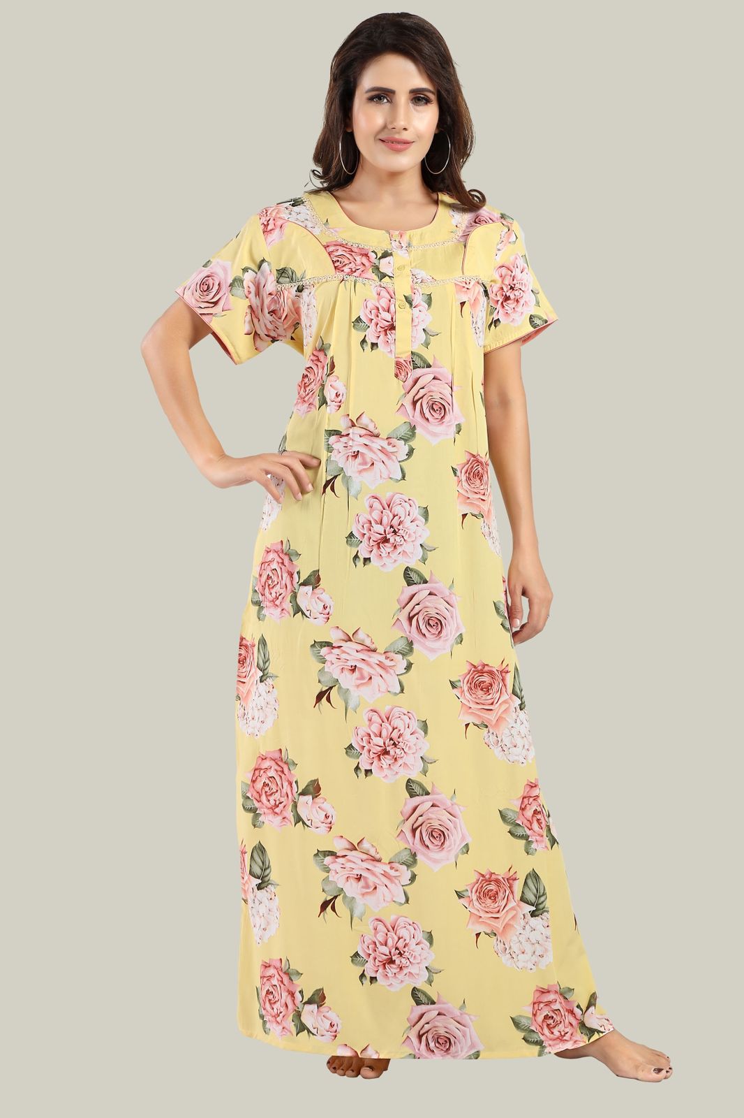 Jammies Haven Rayon Nighty in Yellow | Premium Nighty | Short Sleeve |Side Pocket | NRL