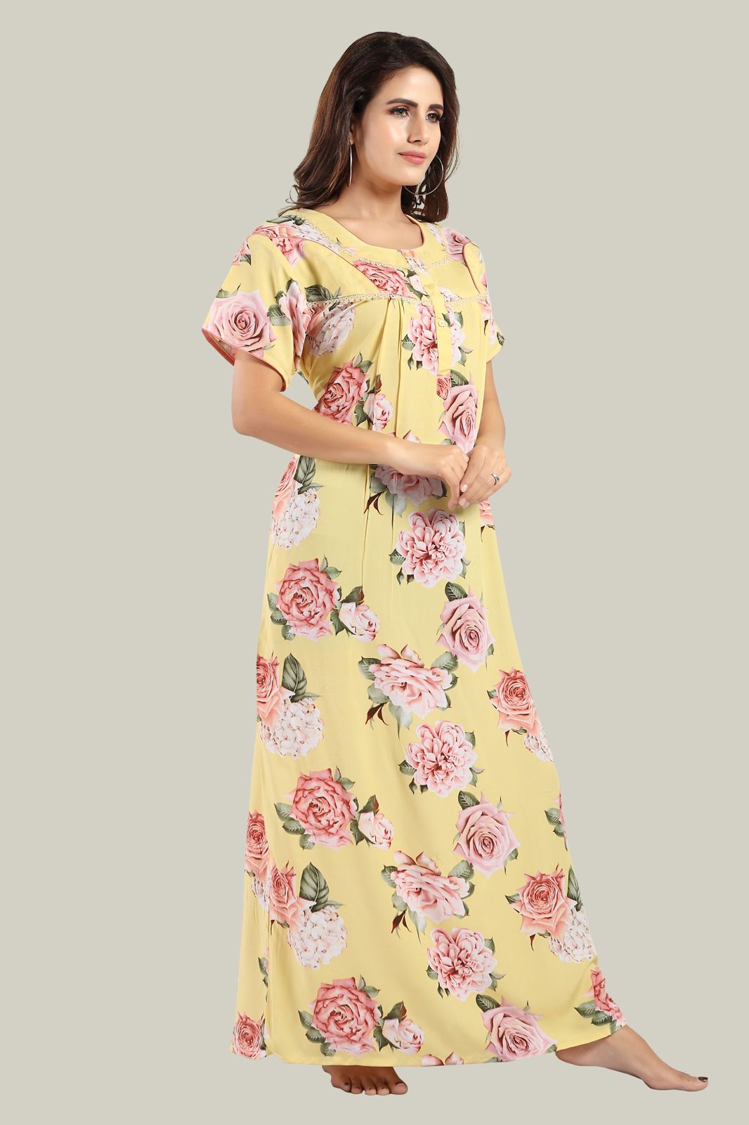 Jammies Haven Rayon Nighty in Yellow | Premium Nighty | Short Sleeve |Side Pocket | NRL