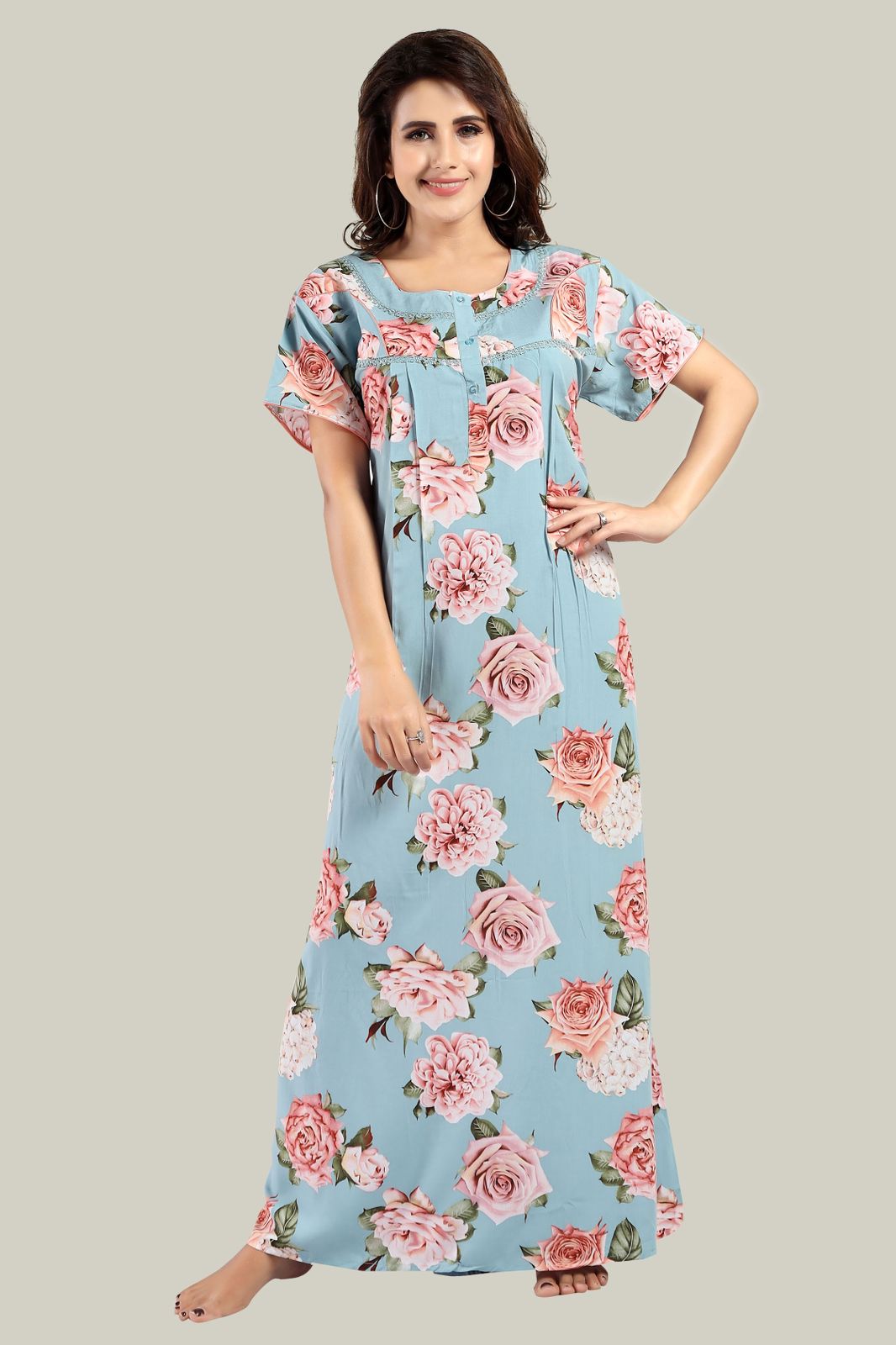 Jammies Haven Rayon Nighty in Sky Blue | Premium Nighty | Short Sleeve |Side Pocket | NRL