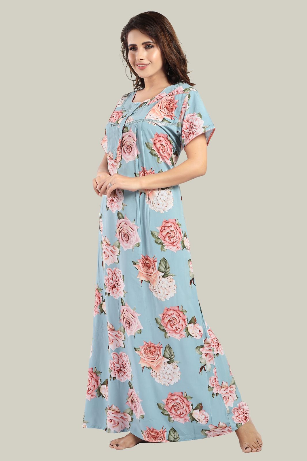 Jammies Haven Rayon Nighty in Sky Blue | Premium Nighty | Short Sleeve |Side Pocket | NRL