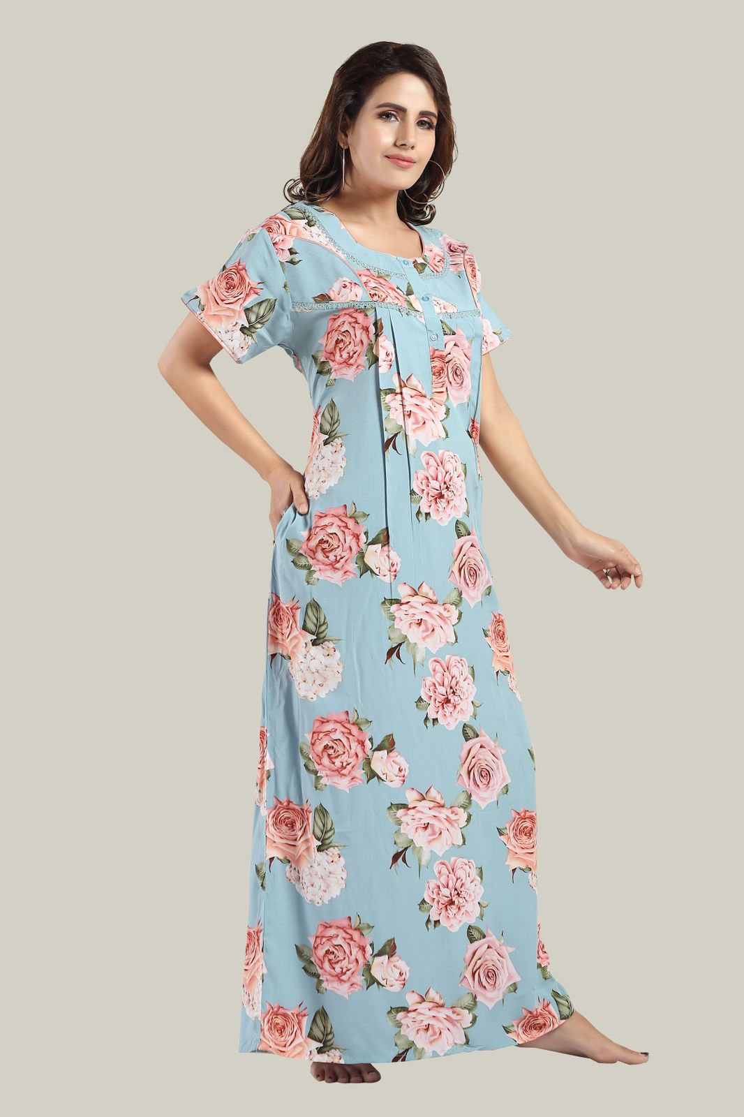 Jammies Haven Rayon Nighty in Sky Blue | Premium Nighty | Short Sleeve |Side Pocket | NRL