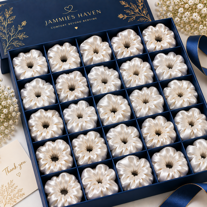 Pack of 12 white regular hair scrunchies arranged in a navy gift box