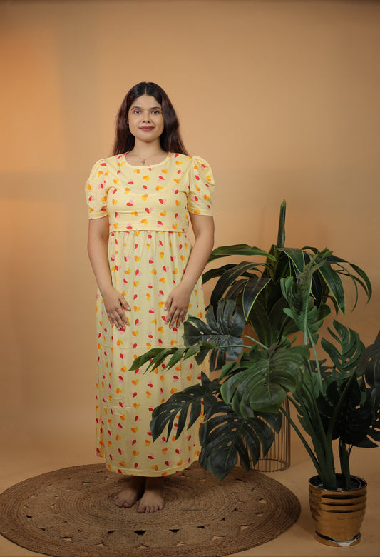 Jammies Haven Zipless Cotton Feeding & Nursing Gown in Yellow | SRDYSH1