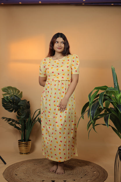Jammies Haven Zipless Cotton Feeding & Nursing Gown in Yellow | SRDYSH1