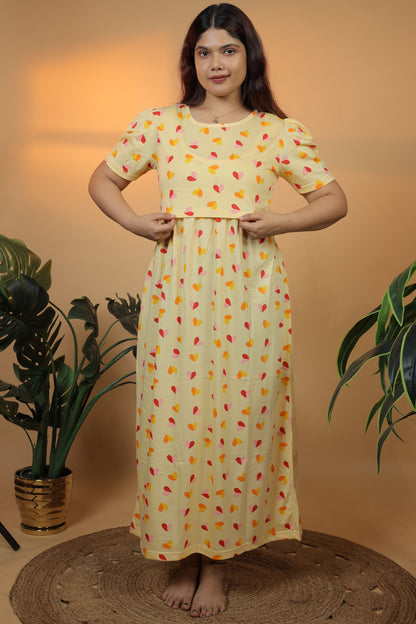 Jammies Haven Zipless Cotton Feeding & Nursing Gown in Yellow | SRDYSH1