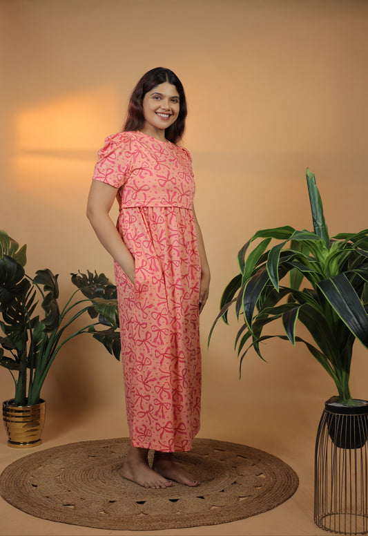 Jammies Haven Zipless Cotton Feeding & Nursing Gown – Pink Bow Puff Sleeves | ILT03