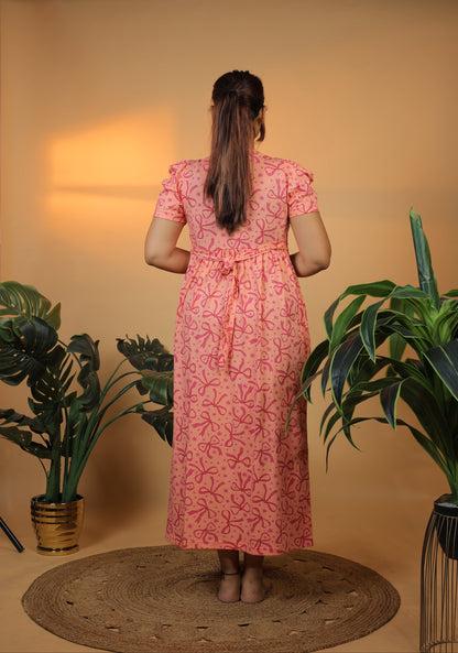Jammies Haven Zipless Cotton Feeding & Nursing Gown – Pink Bow Puff Sleeves | ILT03