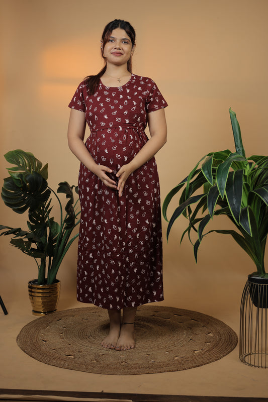 Jammies Haven Zipless Cotton Feeding & Nursing Gown in Maroon | ILTFBM01