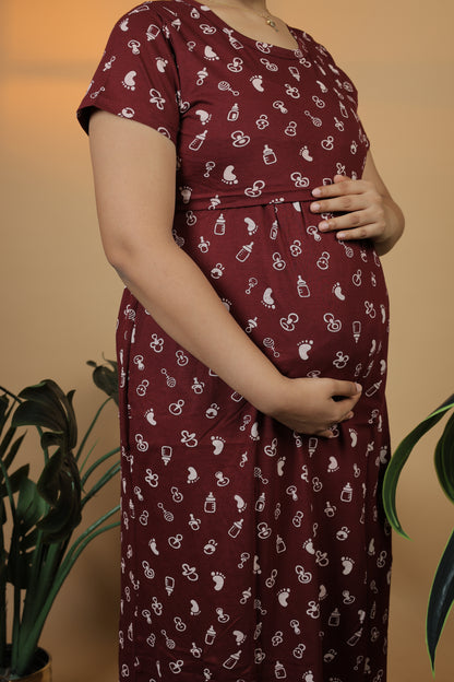 Jammies Haven Zipless Cotton Feeding & Nursing Gown in Maroon | ILTFBM01