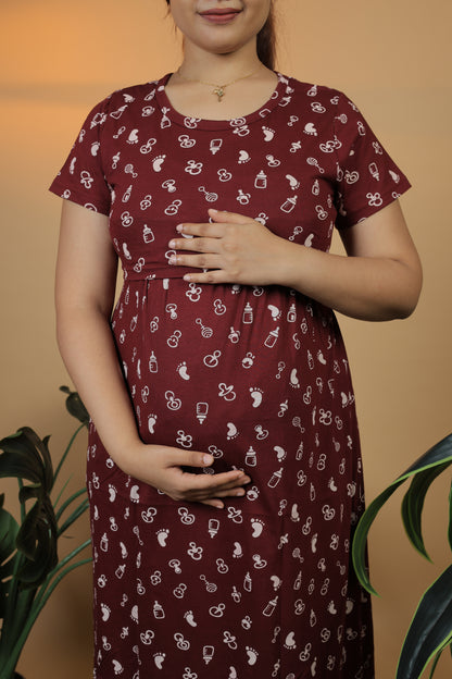 Jammies Haven Zipless Cotton Feeding & Nursing Gown in Maroon | ILTFBM01