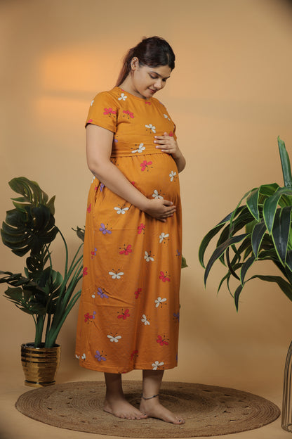 Jammies Haven Zipless Cotton Feeding & Nursing Gown in Mustard | ILTMUST04