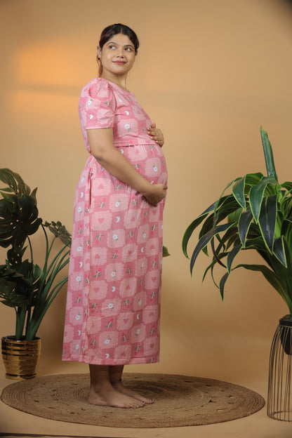 Jammies Haven Zipless Cotton Feeding & Nursing Gown in Pink Daisy | SRDPBD1