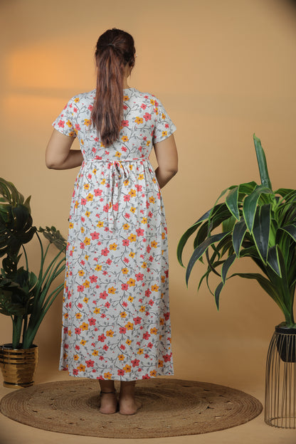 Jammies Haven Zipless Cotton Feeding & Nursing Gown in Grey Floral | ILTGRFL05