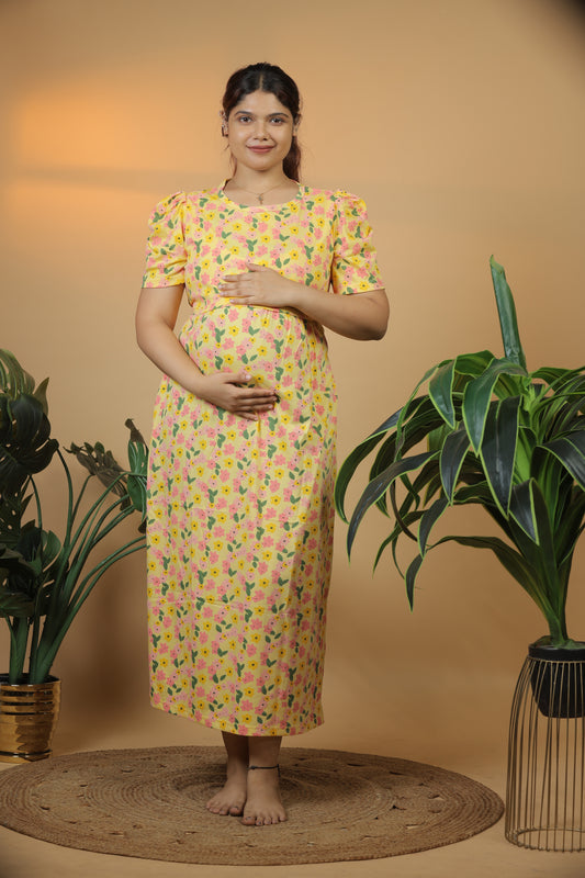 Jammies Haven Zipless Cotton Feeding & Nursing Gown in Yellow Floral | SRDYF1