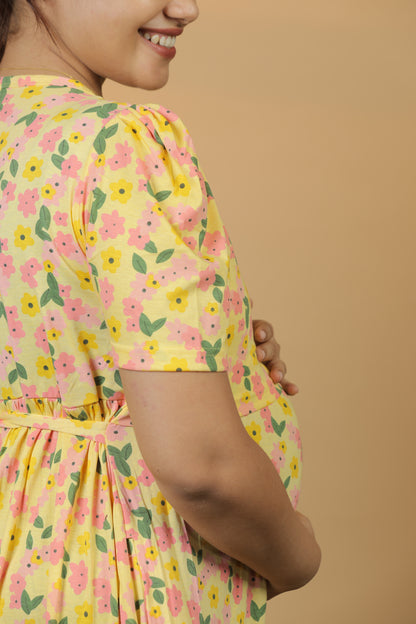 Jammies Haven Zipless Cotton Feeding & Nursing Gown in Yellow Floral | SRDYF1