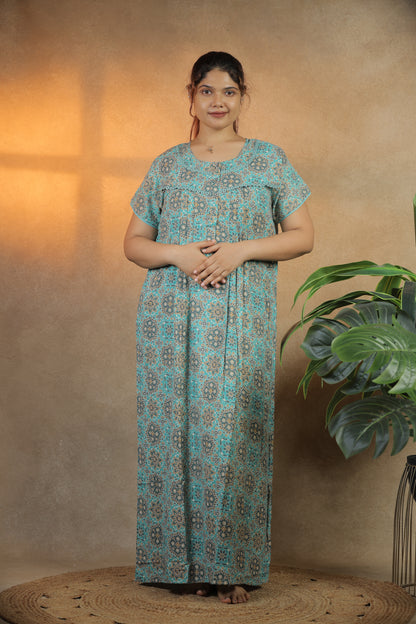 Jammies Haven Premium Alpine Nighty in Mandala Sea Green | A9108C