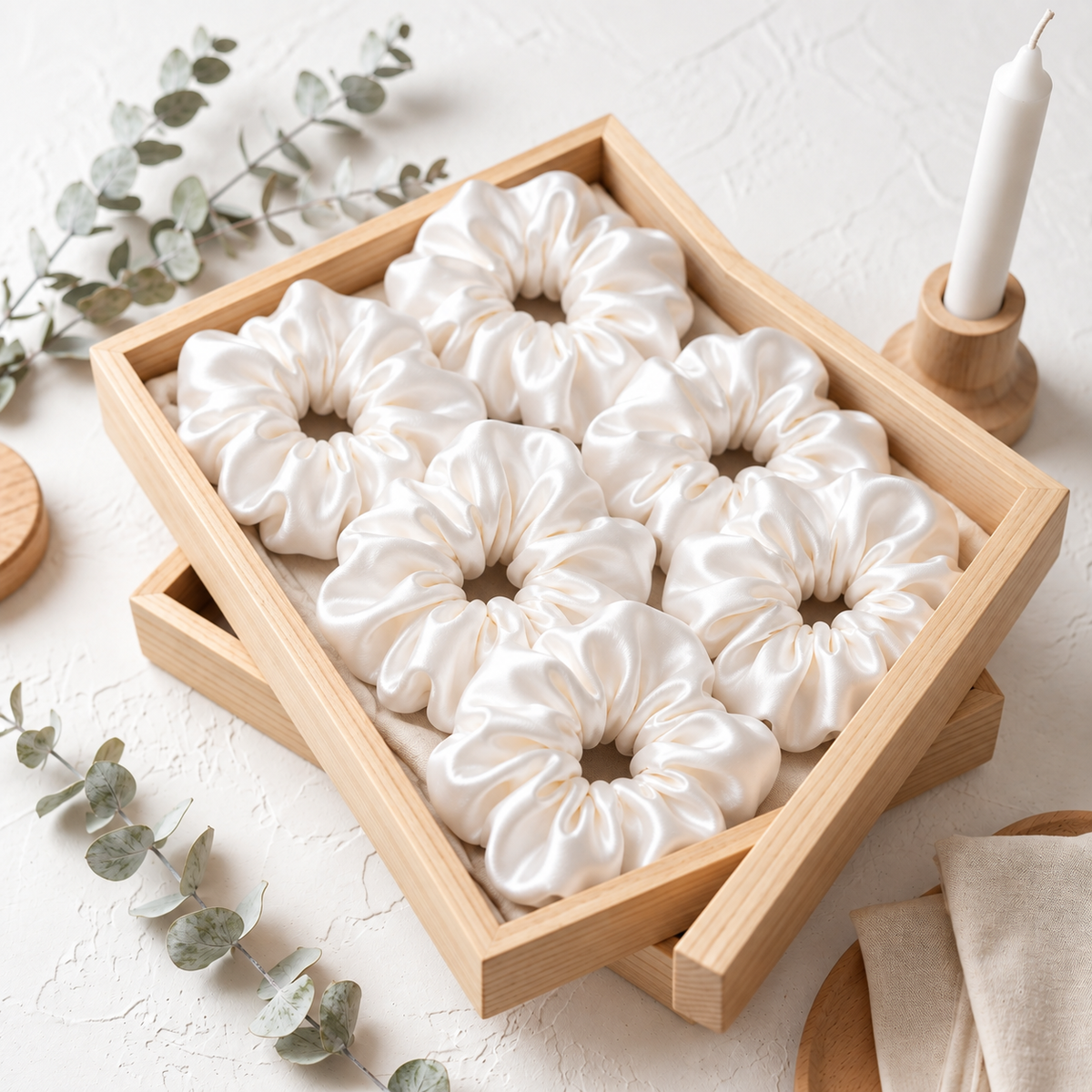 Pack of six white regular-size hair scrunchies arranged in a wooden tray