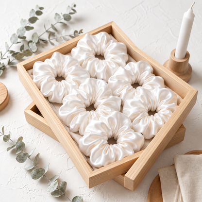 Pack of six white regular-size hair scrunchies arranged in a wooden tray