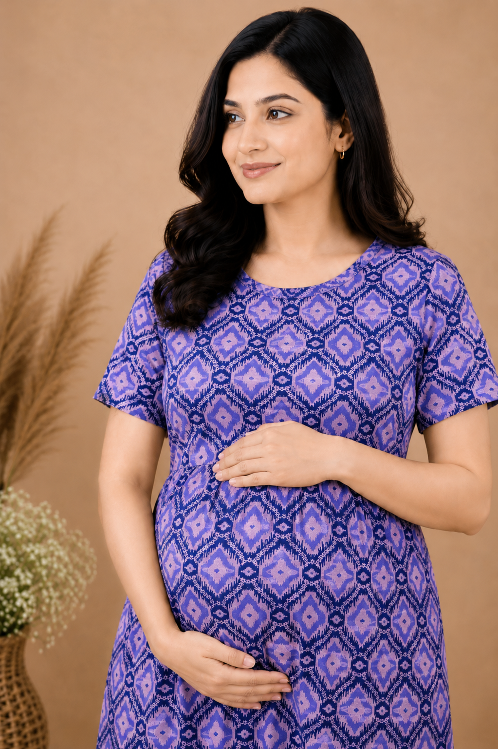 Zipless Cotton Maternity & Feeding Nightgown | Pregnancy | Purple Bliss