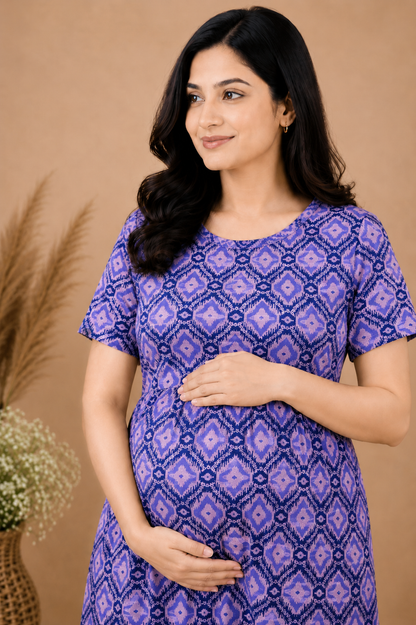 Zipless Cotton Maternity & Feeding Nightgown | Pregnancy | Purple Bliss