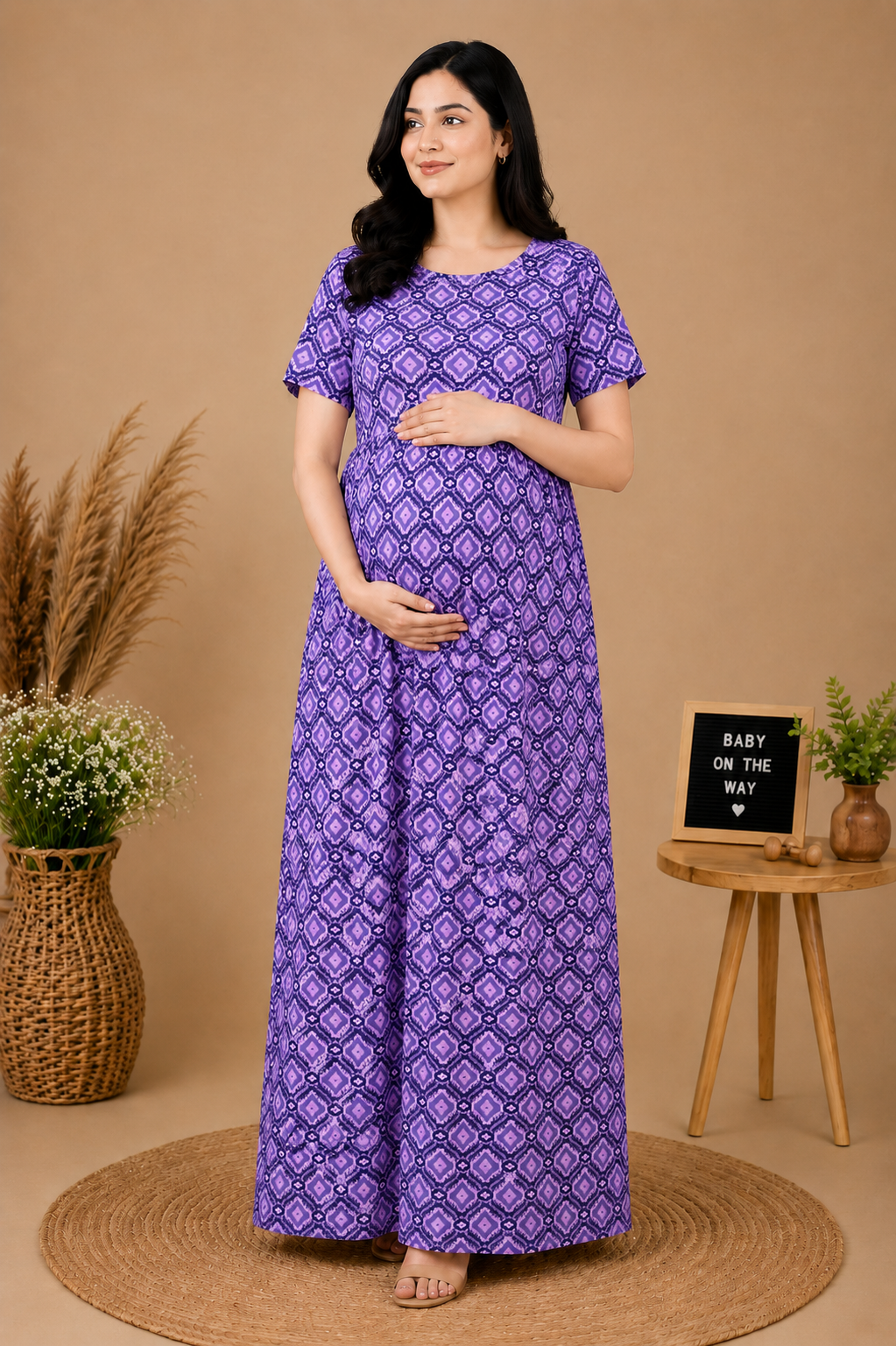 Zipless Cotton Maternity & Feeding Nightgown | Pregnancy | Purple Bliss