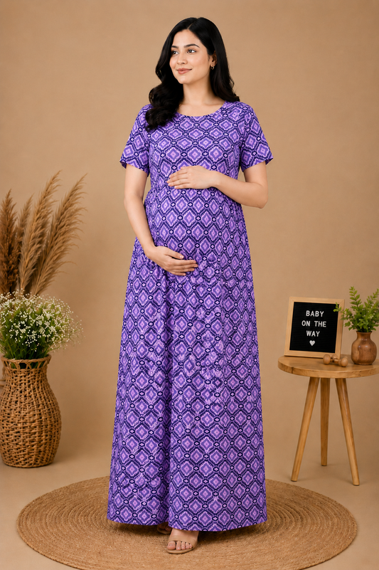 Zipless Cotton Maternity & Feeding Nightgown | Pregnancy | Purple Bliss