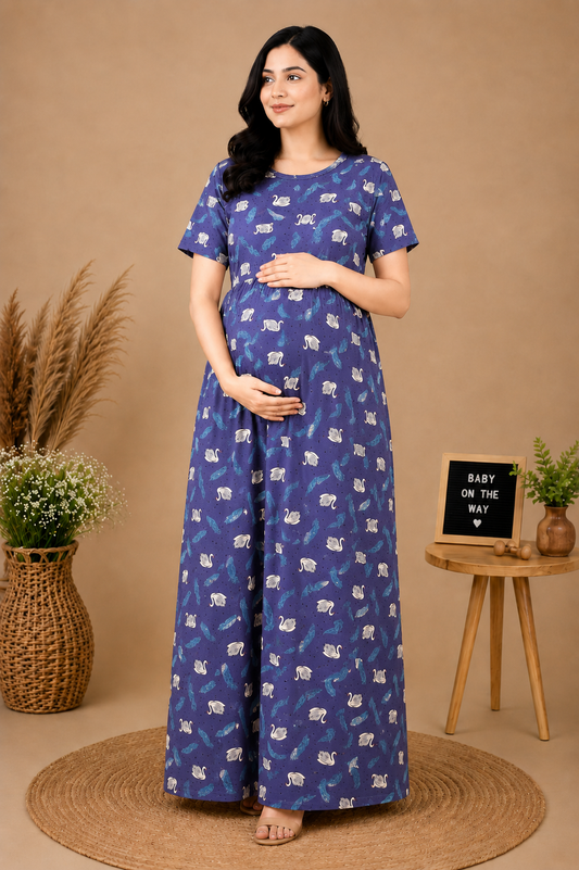 Zipless Cotton Maternity & Feeding Nightgown | Pregnancy | Swan Blue