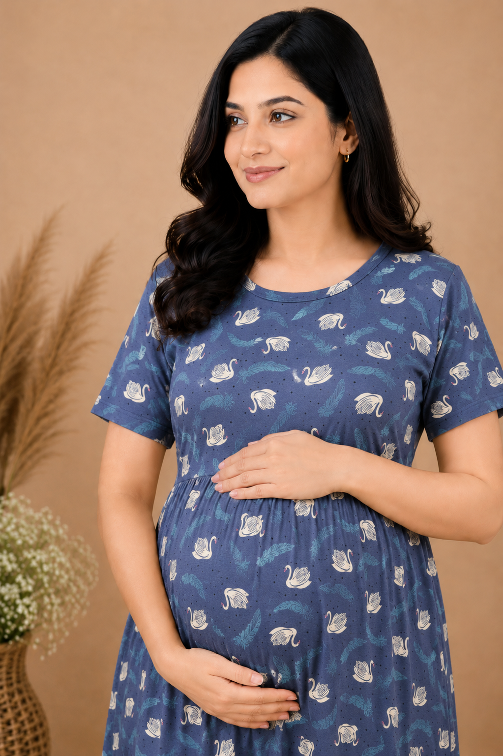 Zipless Cotton Maternity & Feeding Nightgown | Pregnancy | Swan Blue