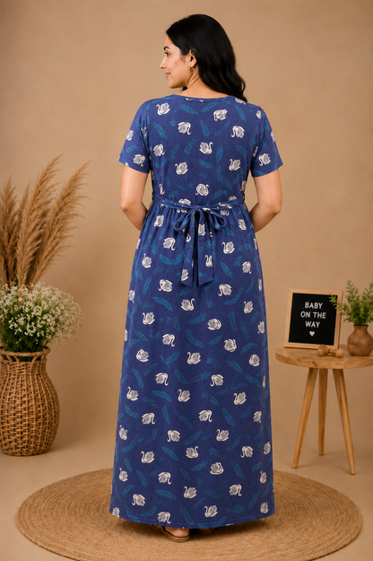 Zipless Cotton Maternity & Feeding Nightgown | Pregnancy | Swan Blue