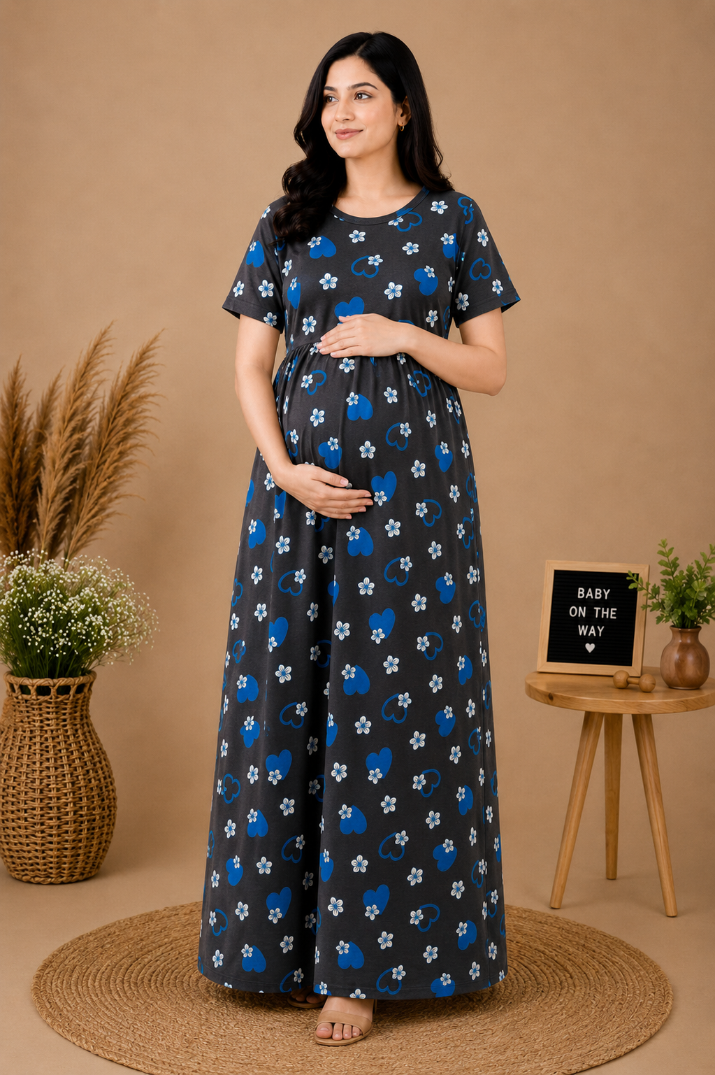 Zipless Cotton Maternity & Feeding Nightgown | Pregnancy | Grey Floral