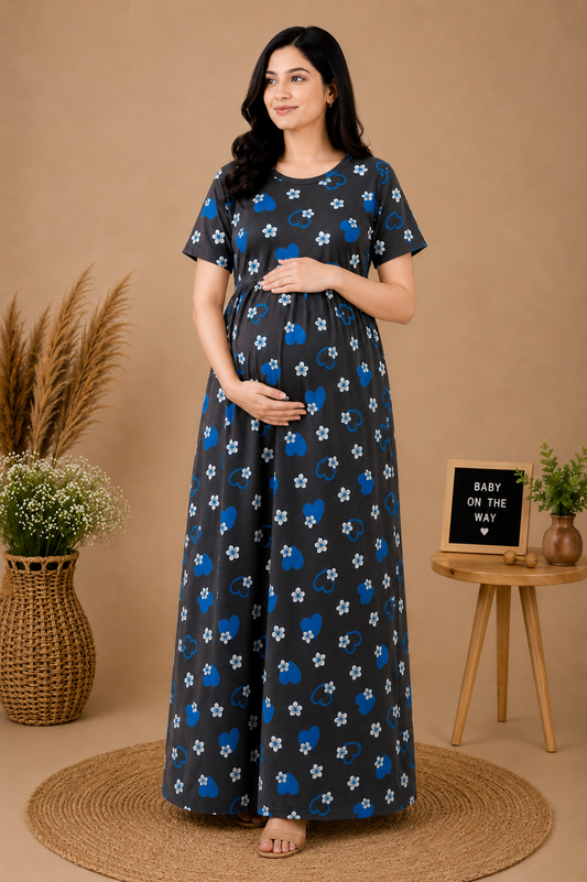 Zipless Cotton Maternity & Feeding Nightgown | Pregnancy | Grey Floral