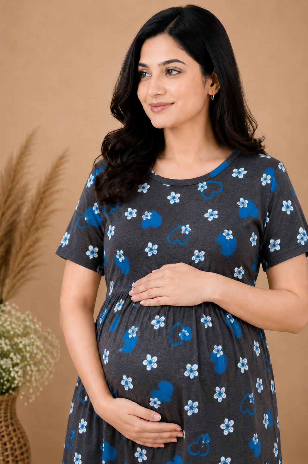 Zipless Cotton Maternity & Feeding Nightgown | Pregnancy | Grey Floral