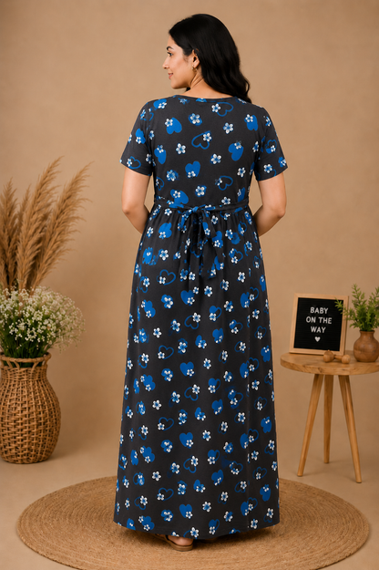 Zipless Cotton Maternity & Feeding Nightgown | Pregnancy | Grey Floral