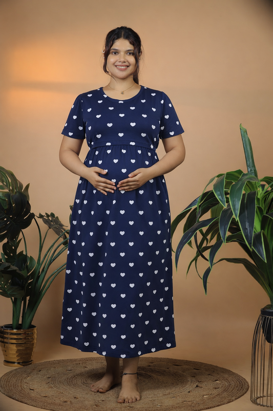 Valentine Zipless Cotton Feeding & Nursing Gown – Navy Blue Heart | TH01
