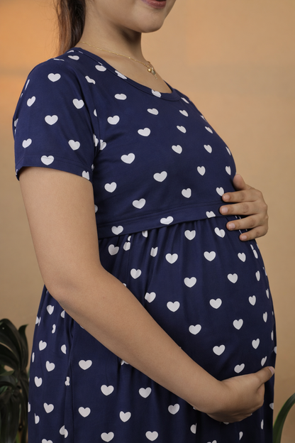 Valentine Zipless Cotton Feeding & Nursing Gown – Navy Blue Heart | TH01