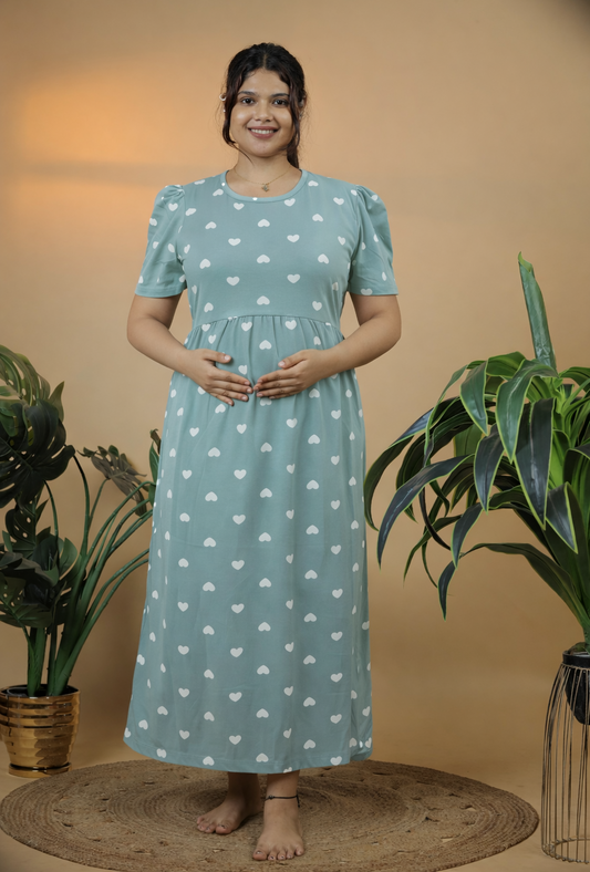 Valentine Zipless Cotton Feeding & Nursing Gown – Mint Green Heart | MGH01