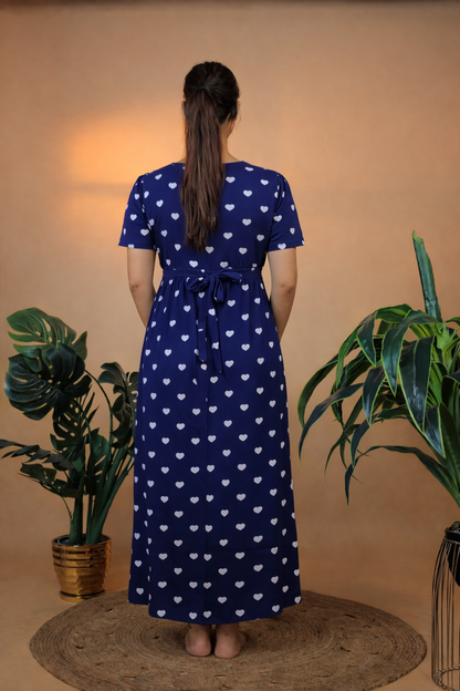 Valentine Zipless Cotton Feeding & Nursing Gown – Navy Blue Heart | TH01