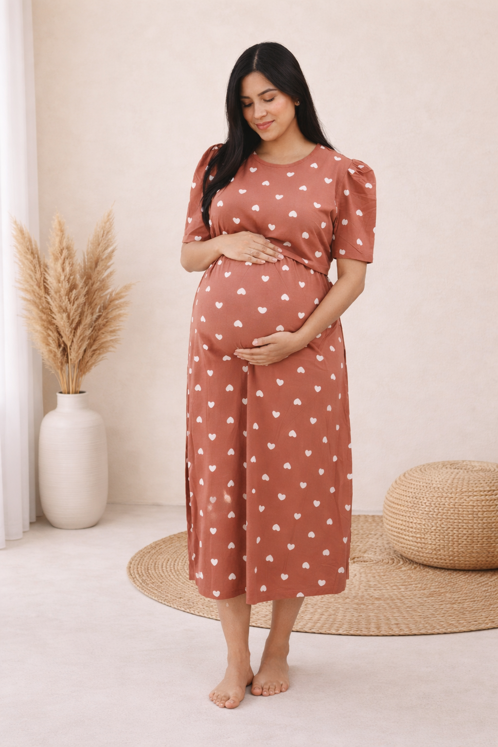 Valentine Zipless Cotton Feeding & Nursing Gown – Brown Heart | BH01