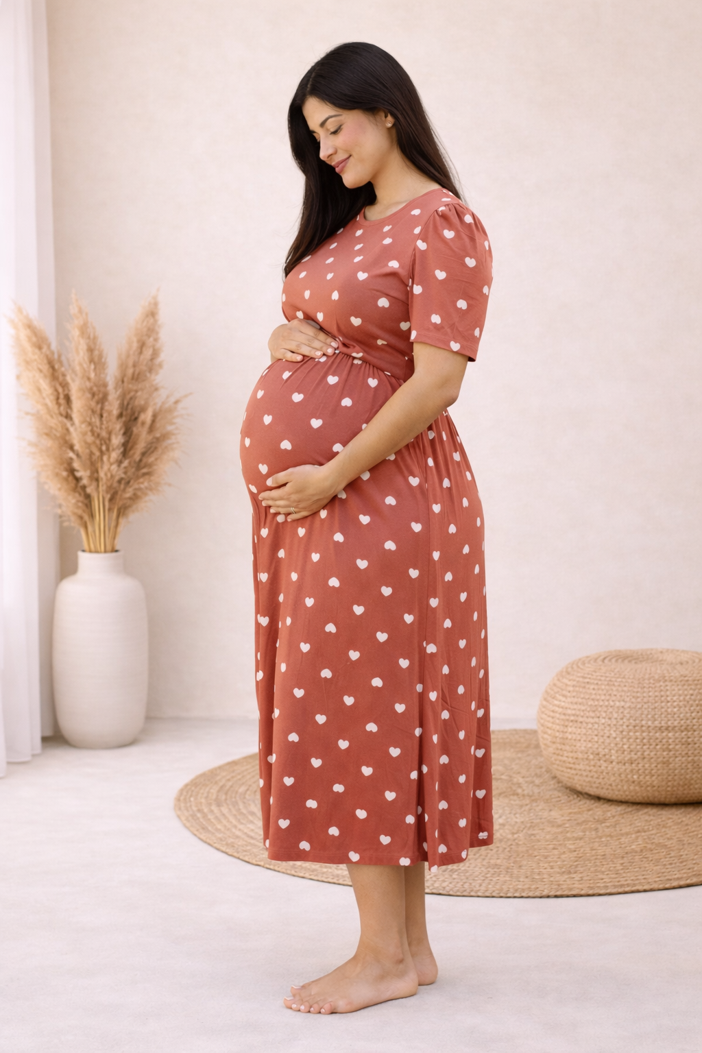 Valentine Zipless Cotton Feeding & Nursing Gown – Brown Heart | BH01