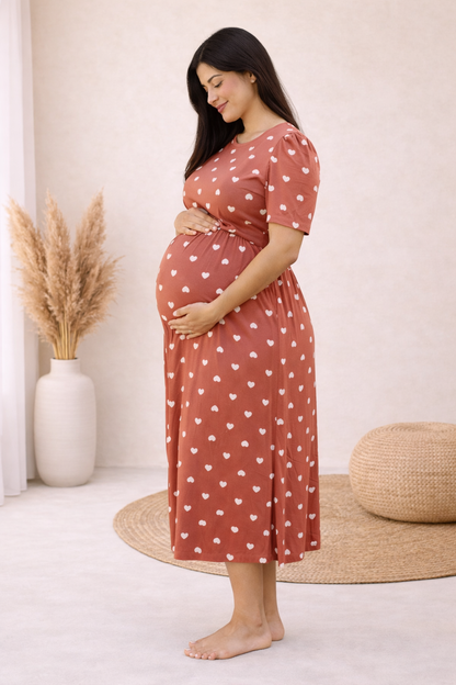 Valentine Zipless Cotton Feeding & Nursing Gown – Brown Heart | BH01