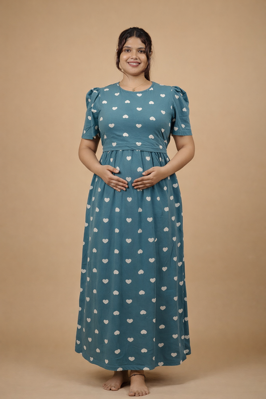 Valentine Zipless Cotton Feeding & Nursing Gown – Turquoise Heart | TH01