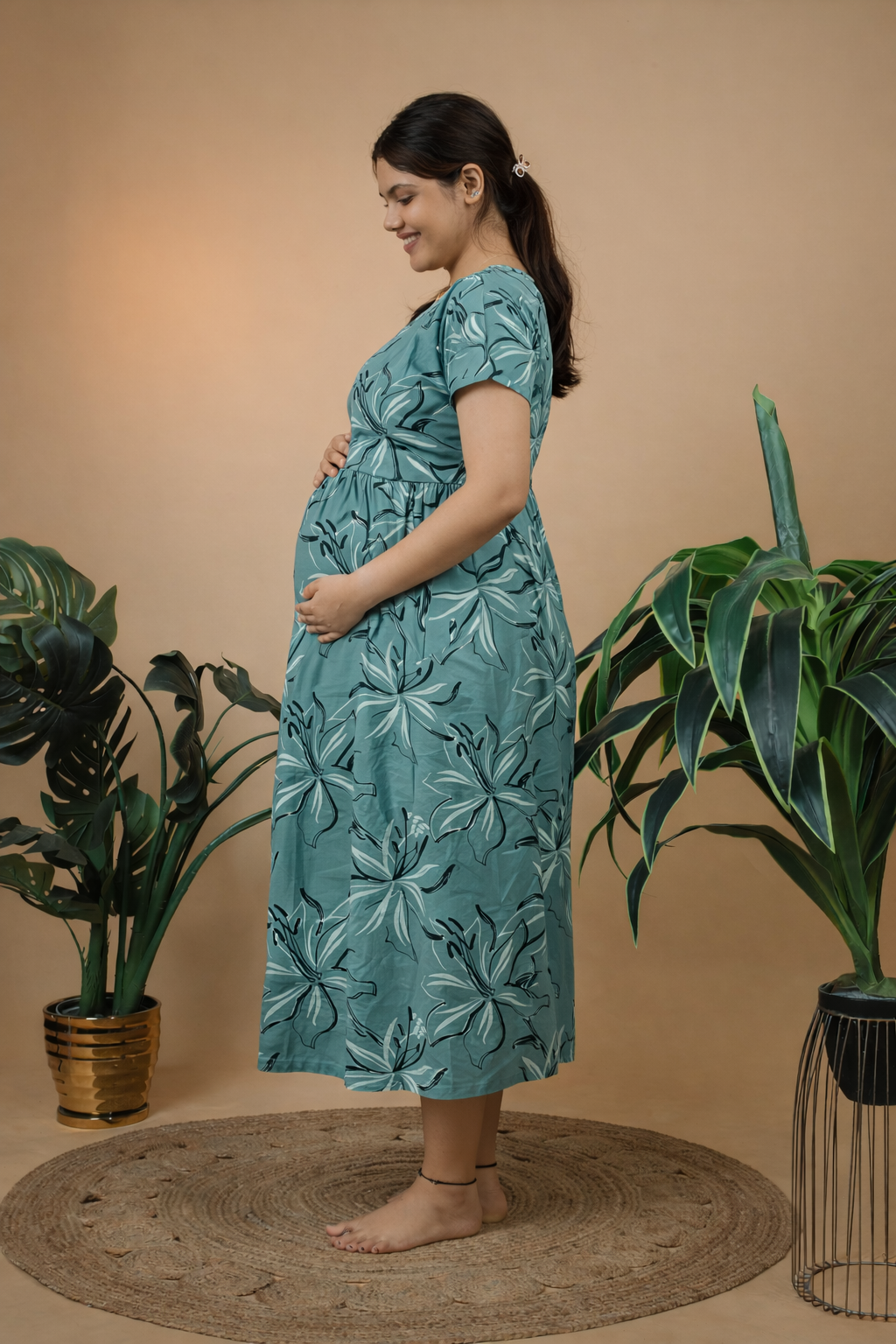Valentine Zipless Cotton Feeding & Nursing Gown – Mint Floral | MF01