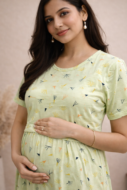 Zipless Cotton Maternity & Feeding Nightgown | Pregnancy Nighty | Radiant Green
