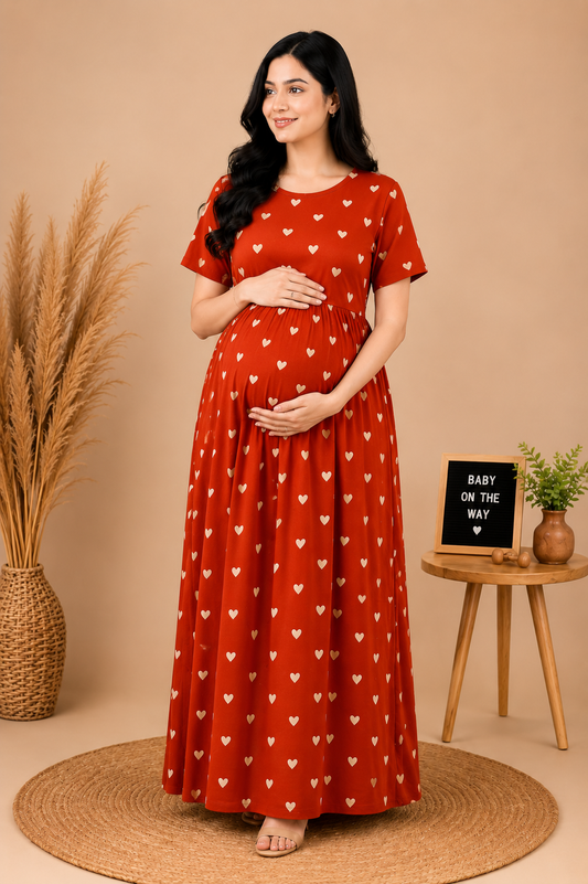Zipless Cotton Maternity & Feeding Nightgown | Pregnancy | Rust Heart