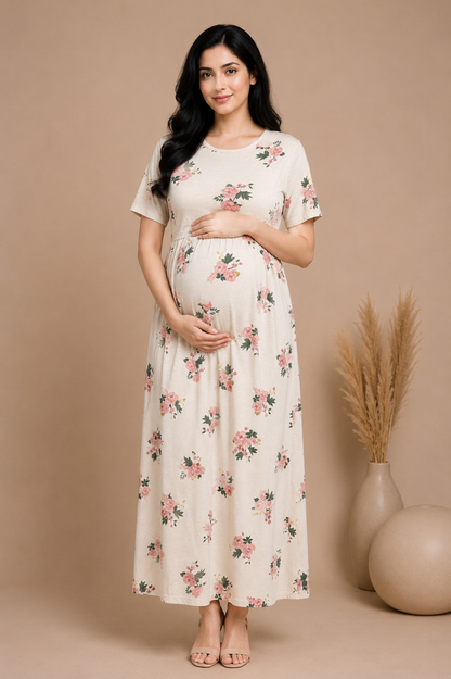 Zipless Cotton Maternity & Feeding Nightgown | Pregnancy Nighty | Ivory