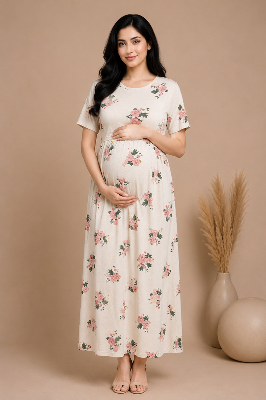 Zipless Cotton Maternity & Feeding Nightgown | Pregnancy Nighty | Ivory
