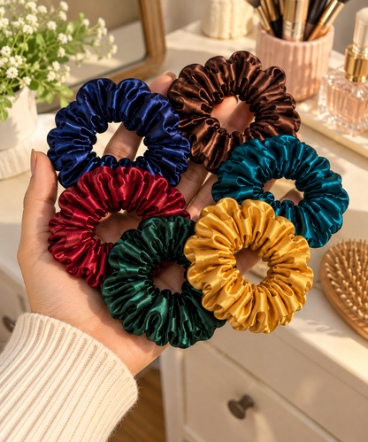 Six multicolor slim hair scrunchies in navy brown teal red green and mustard